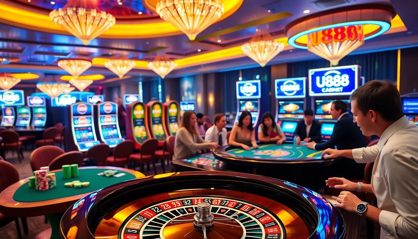 Engaging U888 gambling scene with casino tables and vibrant slot machines