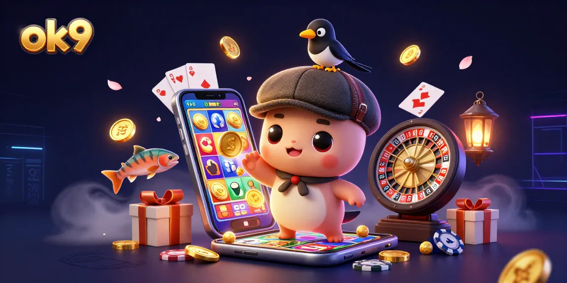 Spin colorful slot games and win big with ok9 in this vibrant casino illustration.