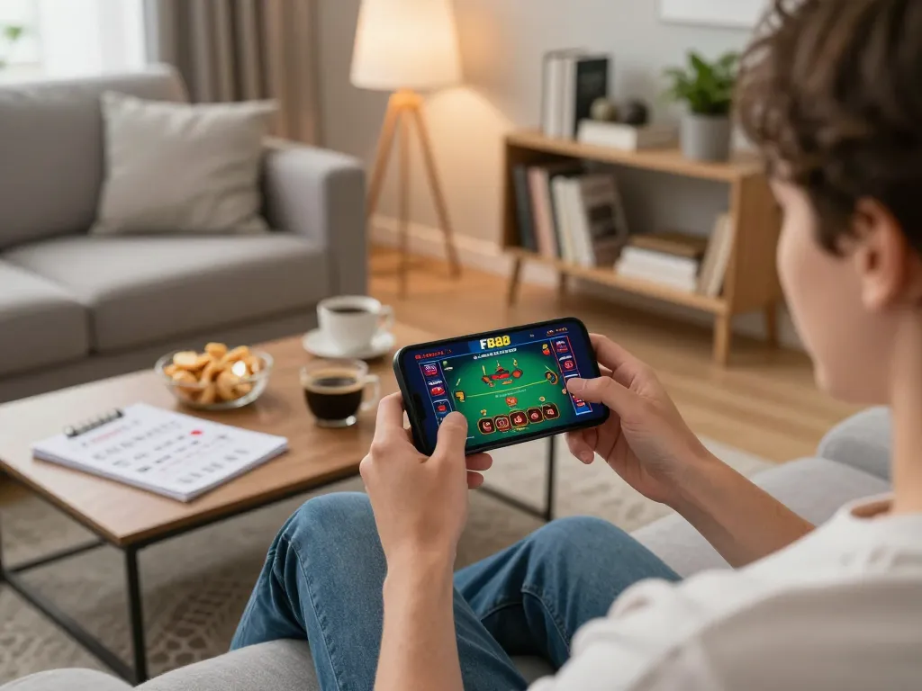 Engaging with FB88 casino app on smartphone in a cozy home environment, showcasing responsible gaming.