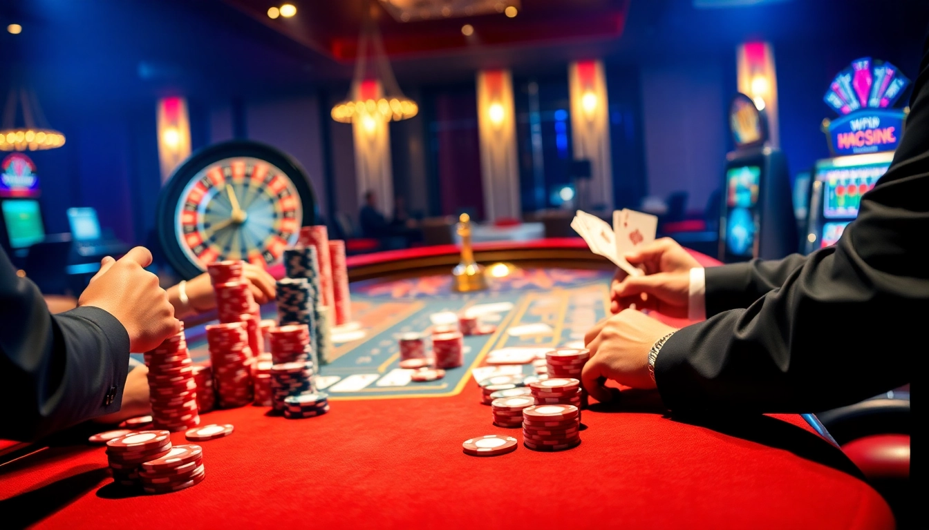 Engaging scene showing players at a casino table betting on games, featuring the sv388 link in a vibrant gambling atmosphere.