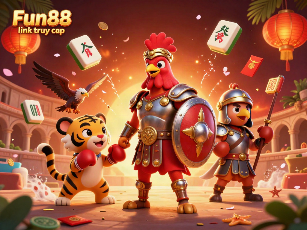 Experience the excitement of Fun88 link truy cập with a cartoon gladiator rooster and dynamic gaming elements.