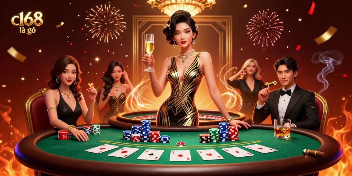 Engage with c168 là gì in an opulent casino scene featuring high-stakes poker and luxury elements.