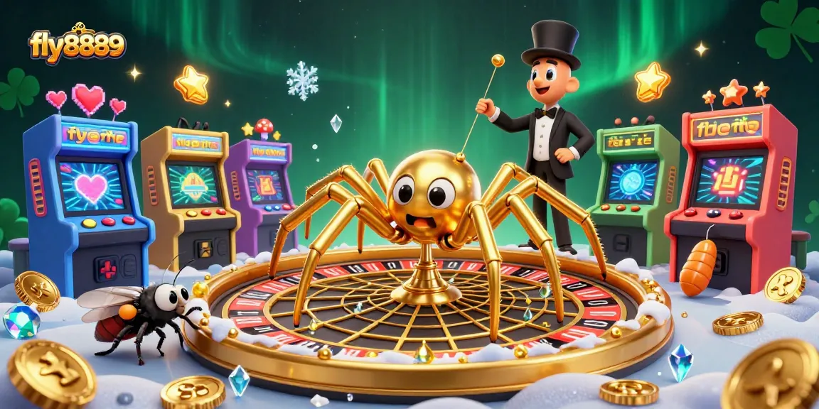 Experience thrill at fly8889 with a golden spider croupier spinning a roulette web while a betting fly watches nervously.