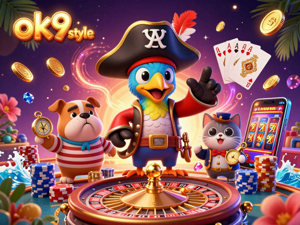 Engage in thrilling bets at ok9 style, with a lively pirate captain and friends amidst glittering casino treasures.