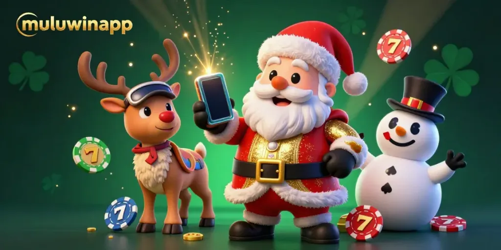 Experience the excitement of muluwinapp with Santa and friends celebrating big wins in a vibrant casino atmosphere.