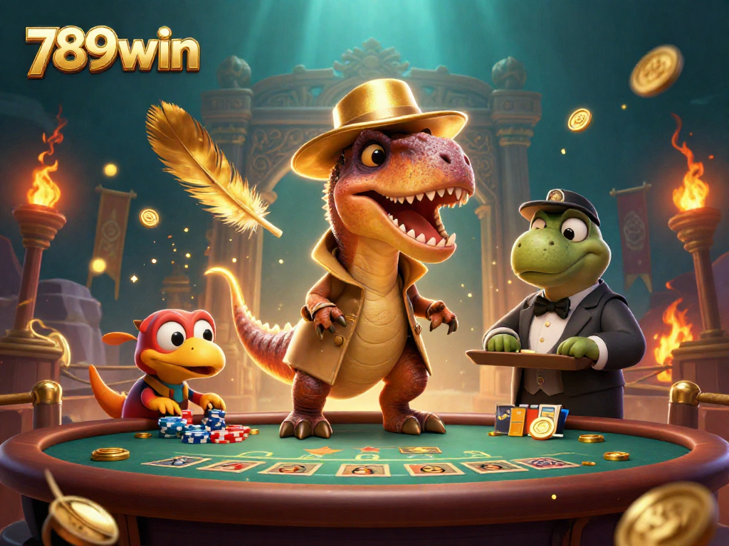 Experience the thrilling game play at 789win with a clever velociraptor casino character.