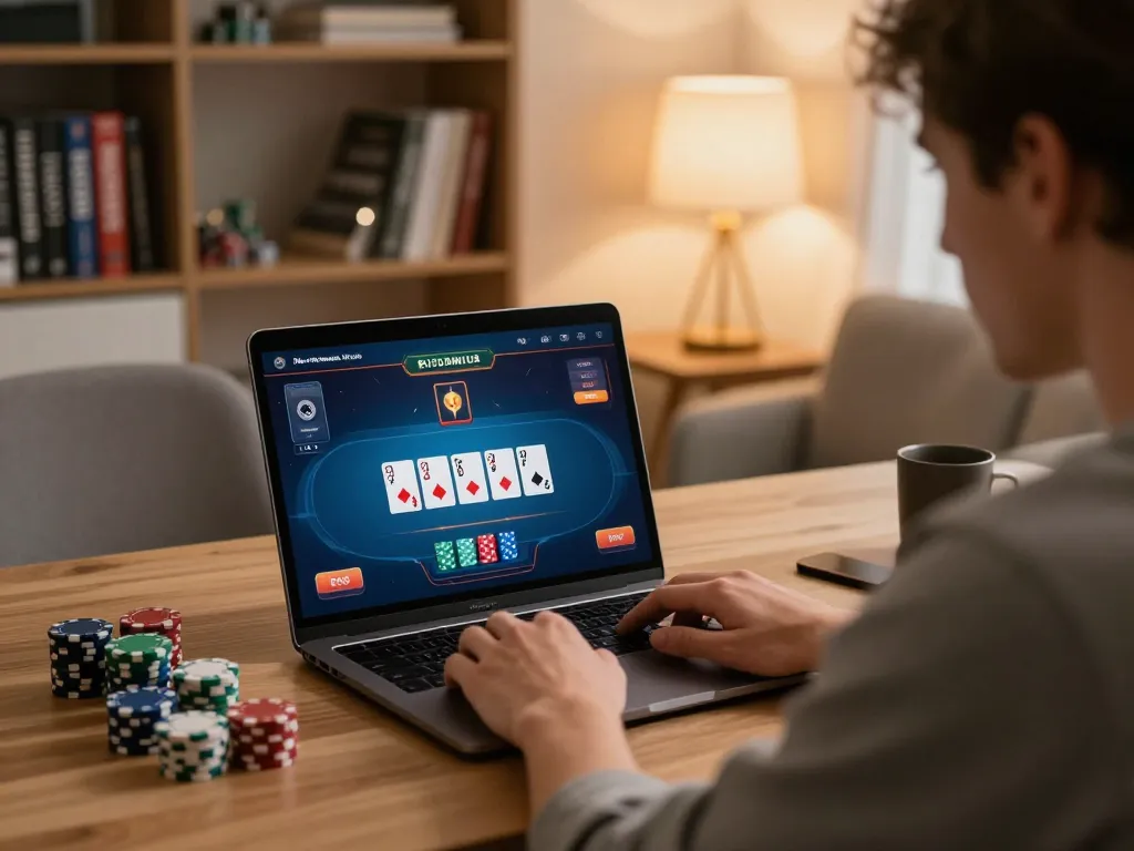 SC88 poker player strategizing at home using laptop and gaming notes.