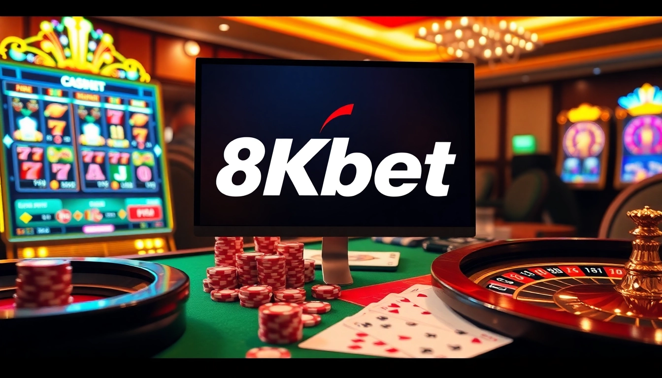 Experience the excitement of 8kbet as chips stack up in a luxurious online casino.