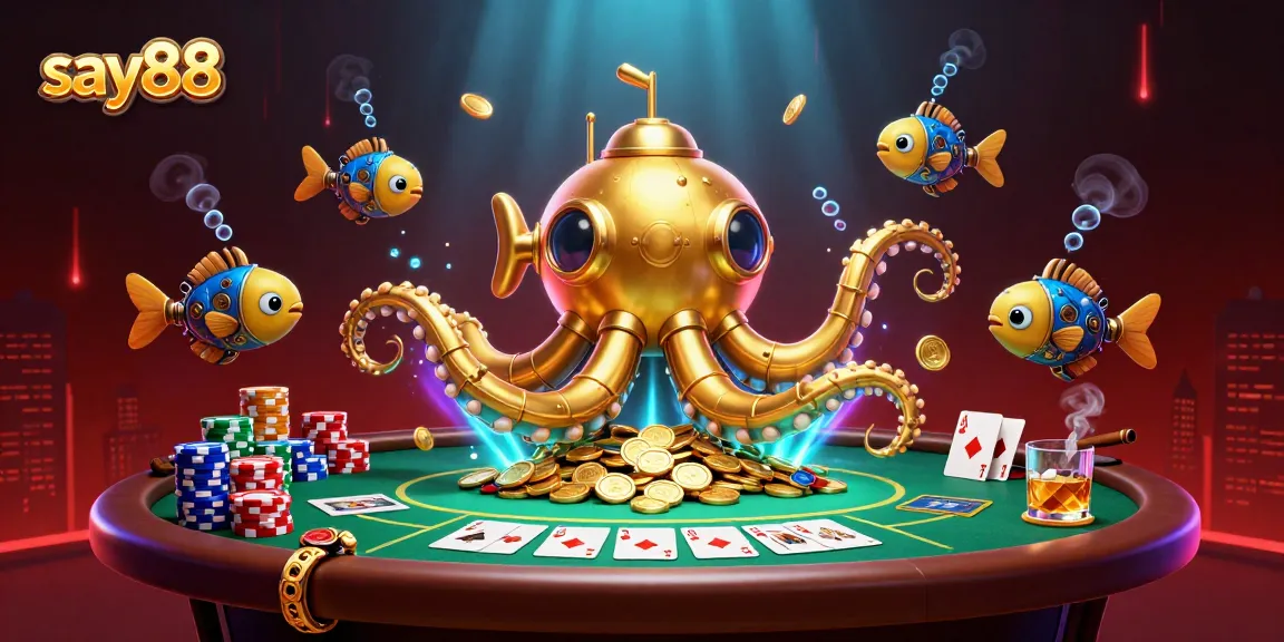 Play exciting casino games at say88 with 3D visuals featuring dynamic poker elements and golden treasure.