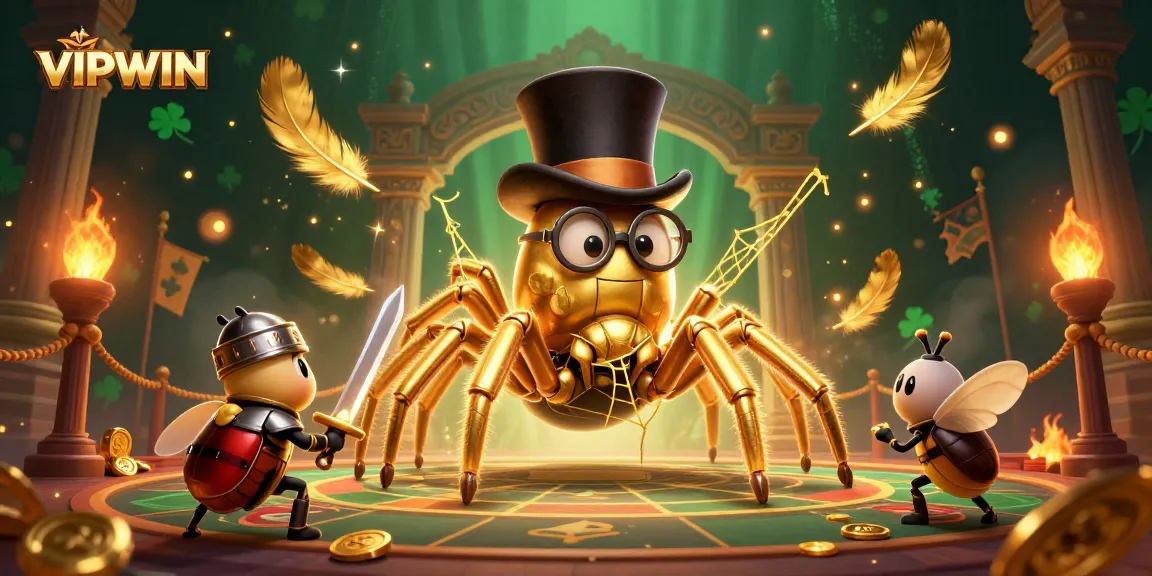 Join the adventure at VIPWIN with a golden tarantula weaving dreams of fortune amidst casino excitement.