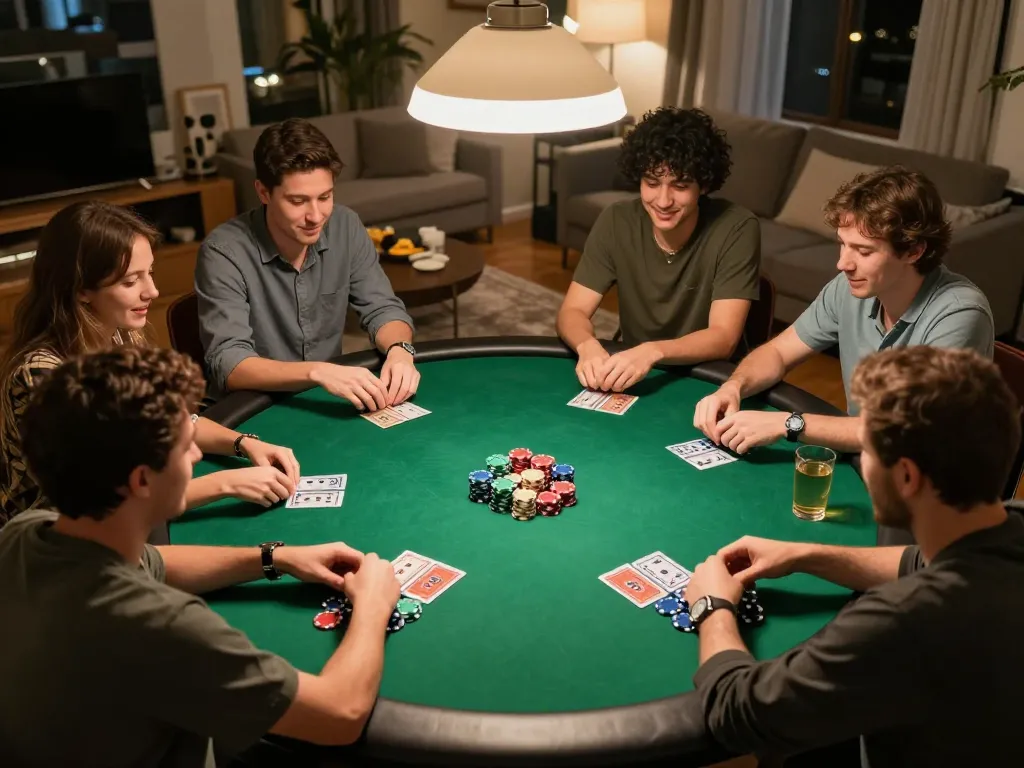 Players enjoying a competitive poker night at home with cards and chips, featuring https://dv88.design/ for immersive online gaming experiences.