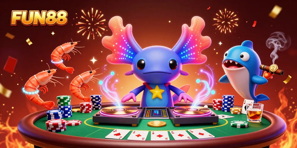 Experience fun with FUN88 at this vibrant casino scene featuring colorful characters and lively gaming elements.
