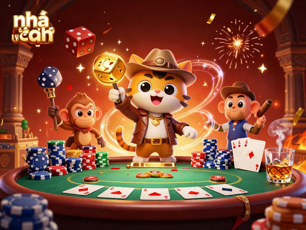 Experience the thrill of playing at nhà cái uy tín with a vibrant casino scene featuring an archaeologist cat and a monkey.