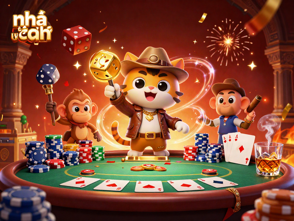 Experience the thrill of playing at nhà cái uy tín with a vibrant casino scene featuring an archaeologist cat and a monkey.