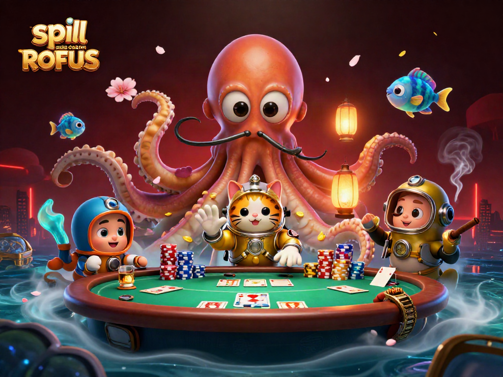 Engage with spil casino uden om ROFUS through vibrant 3D illustration featuring kraken and poker elements.