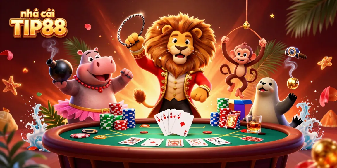 Experience the thrill with nhà cái TIP88 in this dynamic 3D casino scene filled with colorful poker action.