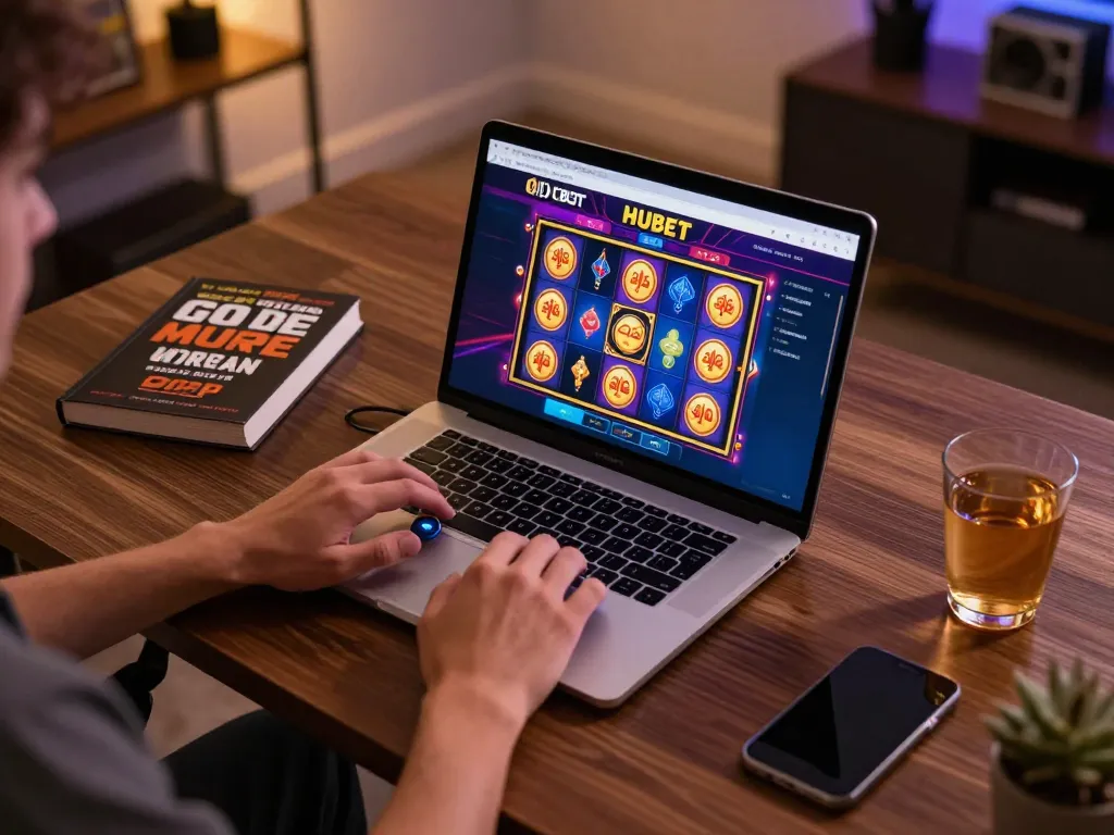 Engaging online player using HUBET to spin colorful slot game in modern home office.