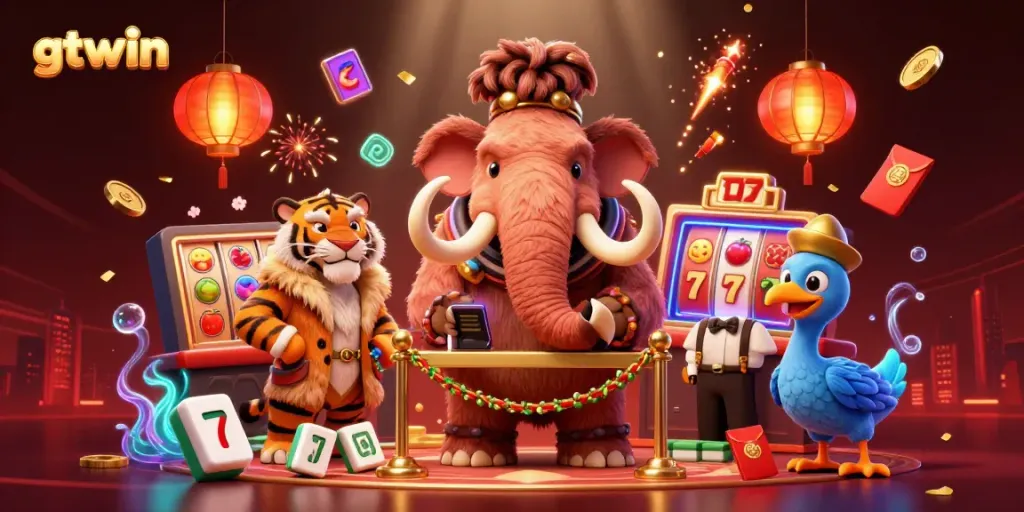 Experience a vibrant casino scene with gtwin, featuring a woolly mammoth bouncer, saber-tooth tiger guest, and 3D slot game elements.
