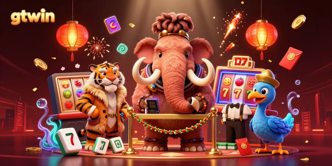 Experience a vibrant casino scene with gtwin, featuring a woolly mammoth bouncer, saber-tooth tiger guest, and 3D slot game elements.