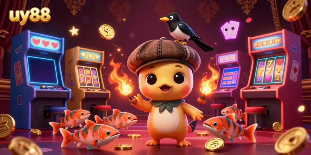 Experience excitement at uy88 as cartoon characters play with casino elements in a vibrant setting.