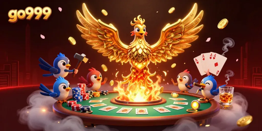 Experience the excitement of go999 with winning poker hands and golden phoenix rising from the forge.