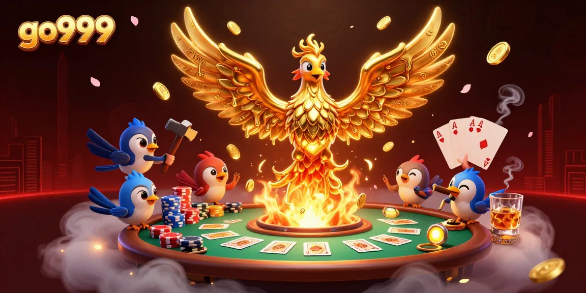 Experience the excitement of go999 with winning poker hands and golden phoenix rising from the forge.