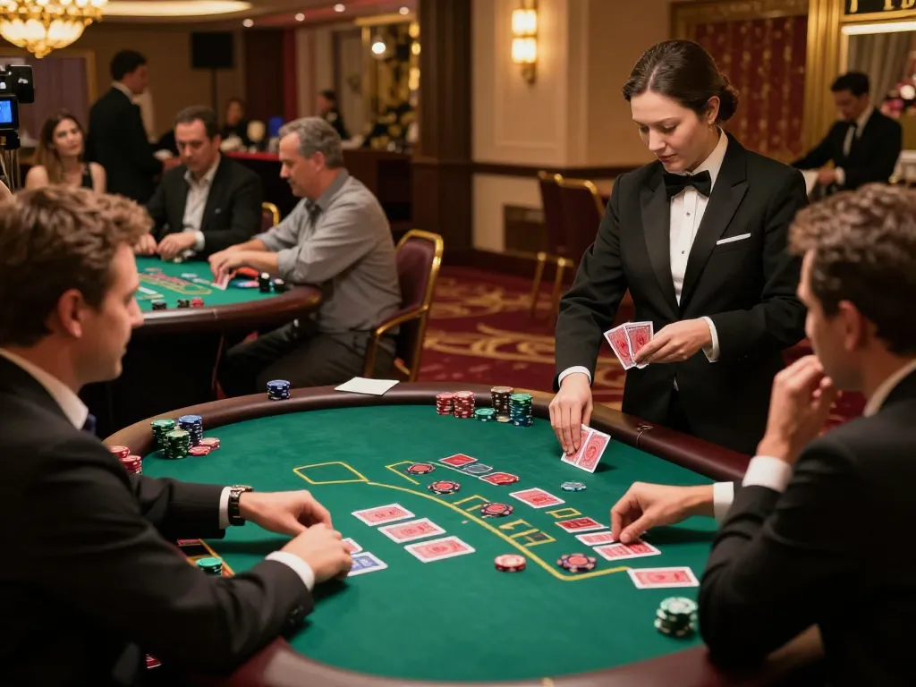 Players enjoying a thrilling game of blackjack at hbet2 casino with luxurious ambiance.
