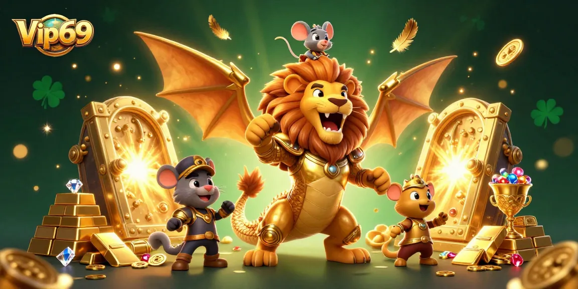Experience thrilling jackpots at Vip69 with a vibrant illustration of a victorious chimera amidst a treasure trove.