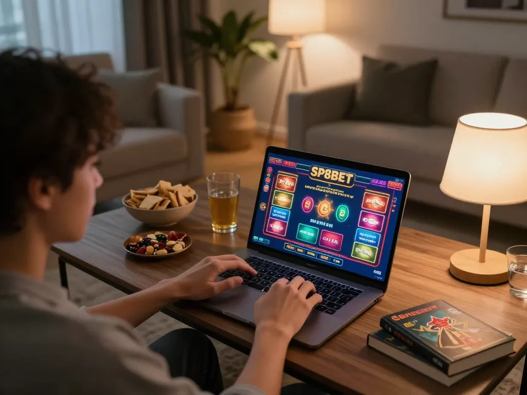 Player engaging with SP8BET online casino game on laptop in cozy home setting