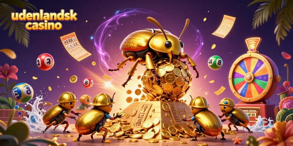 Engage in fun at an udenlandsk casino with a dynamic scene of illustrated beetles and gambling elements.