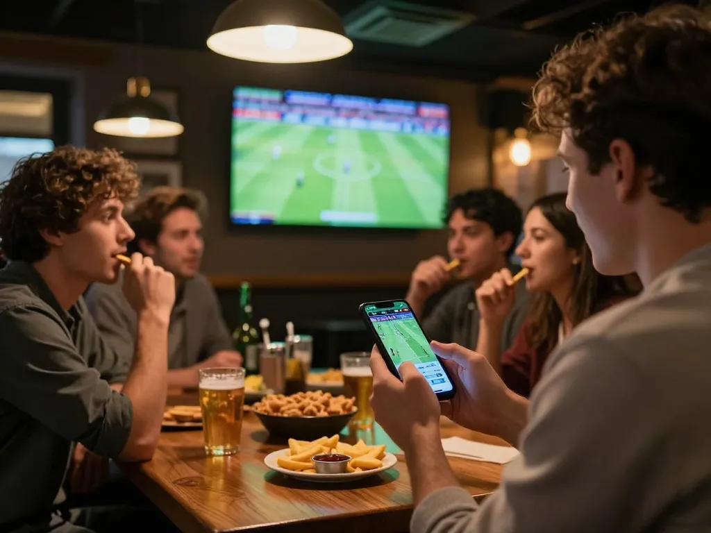 Engaged in trực tiếp bóng đá watching and betting, enjoying a vibrant sports bar atmosphere with friends.
