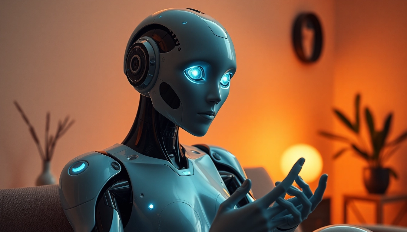 Futuristic sex bot showcasing advanced AI features in a modern, intimate setting.