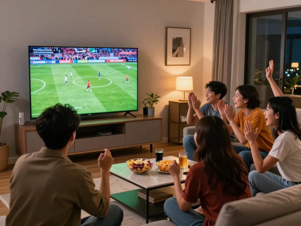 Socolive trực tiếp brings excitement to home viewing with friends enjoying a thrilling football match.
