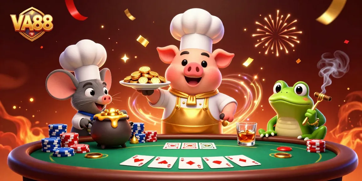 Experience thrill with VA88, showcasing vibrant casino-themed characters amidst poker elements.