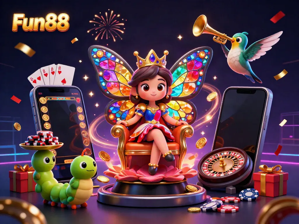 Fun88's vibrant casino scene, featuring a butterfly queen and lively gaming elements, celebrating online betting.