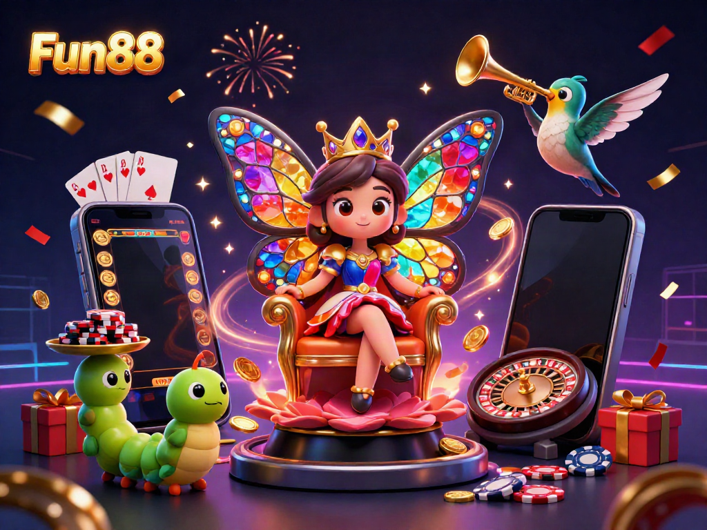 Fun88's vibrant casino scene, featuring a butterfly queen and lively gaming elements, celebrating online betting.