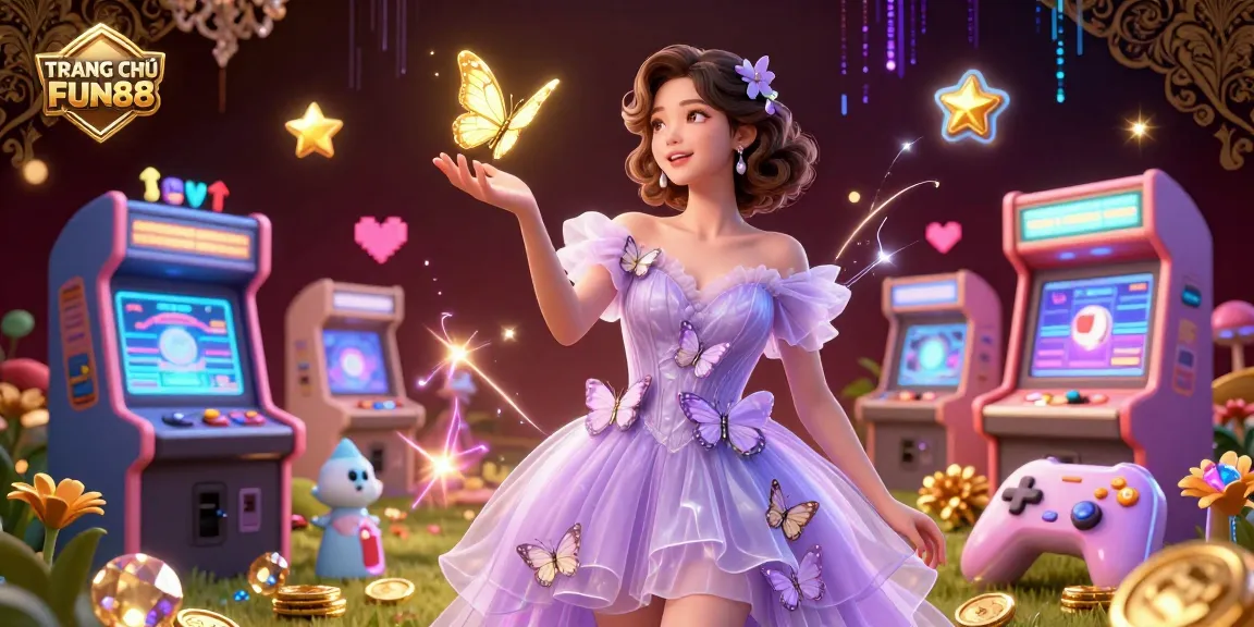 Engage with the excitement of TRANG CHỦ FUN88 amidst a vibrant casino environment featuring colorful games and magical visuals.