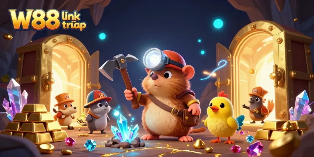Experience the thrill of W88 link truy cập with a treasure hunter mole in this vibrant 3D illustration.