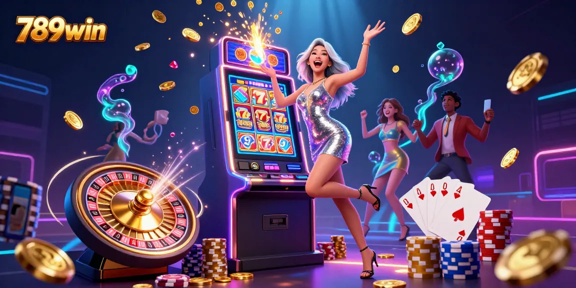 Experience winning with 789win as vibrant characters celebrate a jackpot amidst casino excitement.