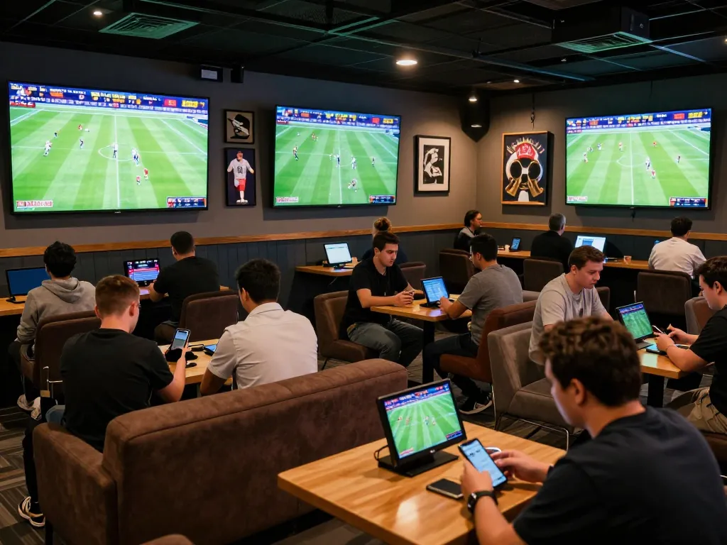 Engaged bettors analyzing odds on keonhacai22 while enjoying a modern sports betting lounge atmosphere.