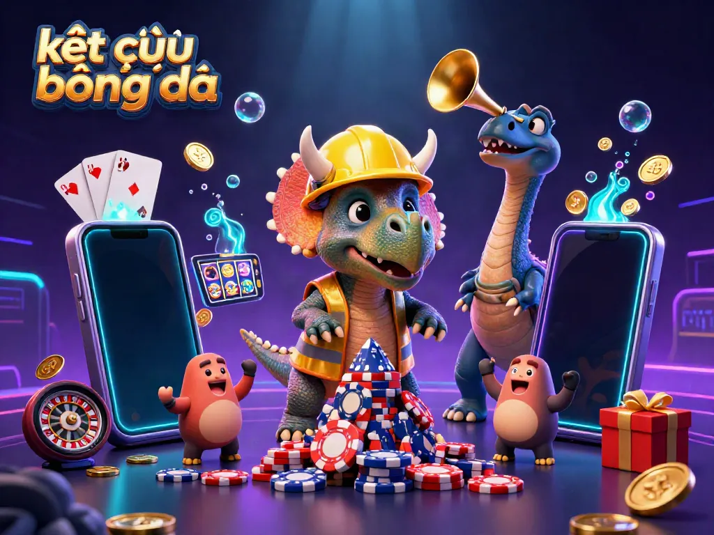 Engage with kết quả bóng đá through a dynamic and vibrant illustration showcasing cartoon dinosaurs celebrating with casino elements.