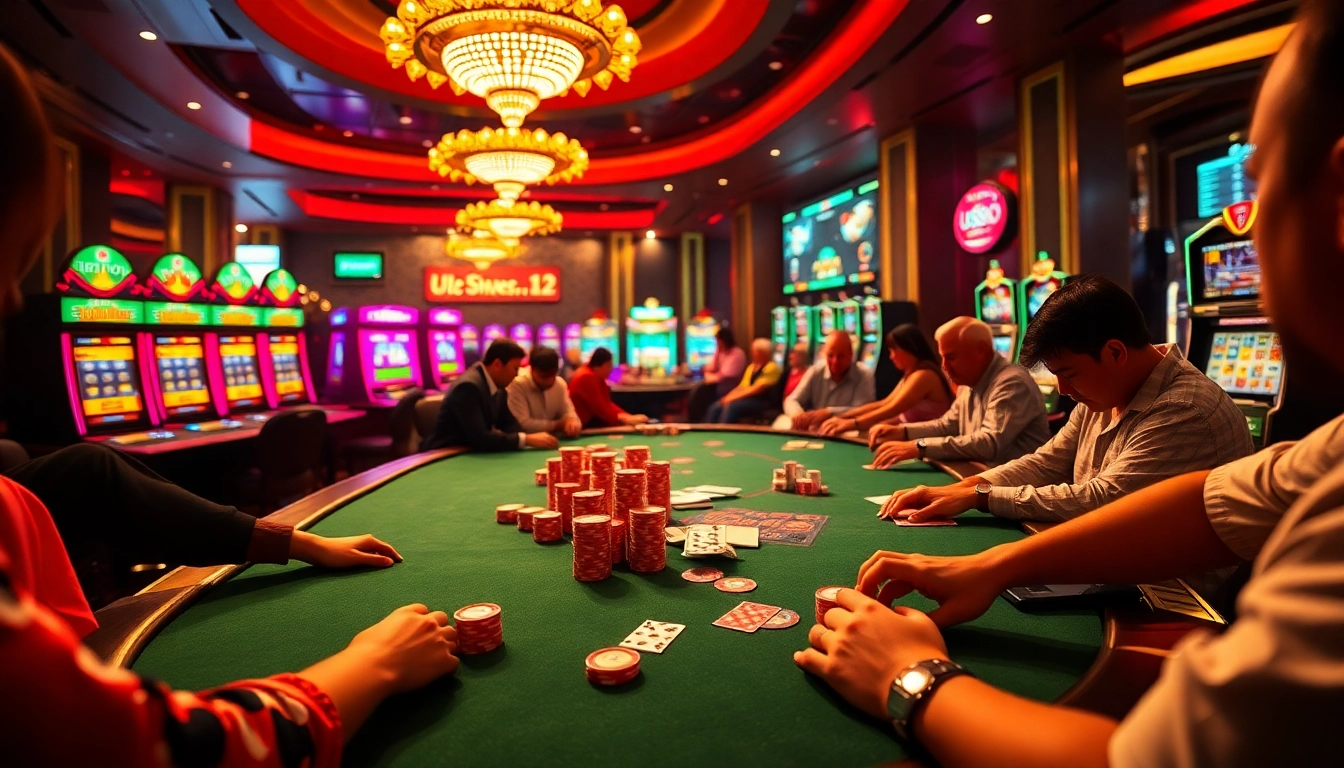 Players engaging in high-stakes poker at U888's luxurious online casino, surrounded by vibrant slot machines and colorful chips.