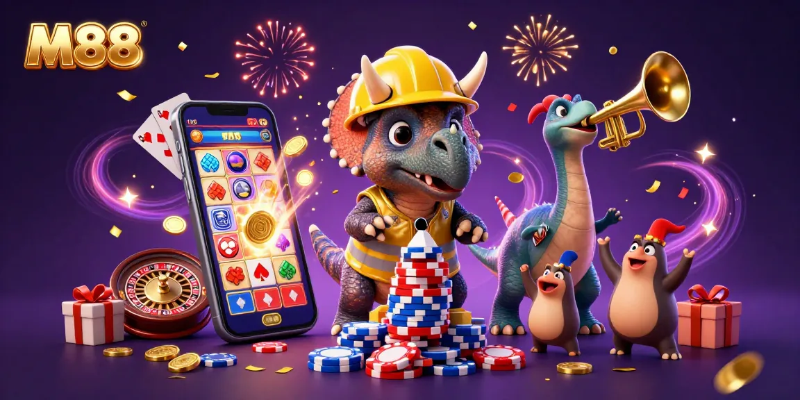 M88 engages players with a vibrant 3D casino scene featuring a triceratops building poker chip pyramids.