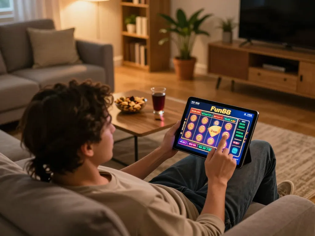 Enjoying Fun88 online casino gaming experience at home with tablet.