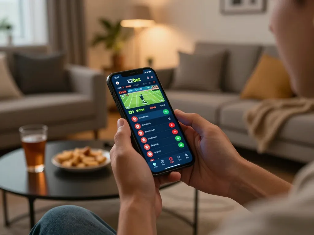 E2bet user placing bets on sports in a stylish living room with modern decor.