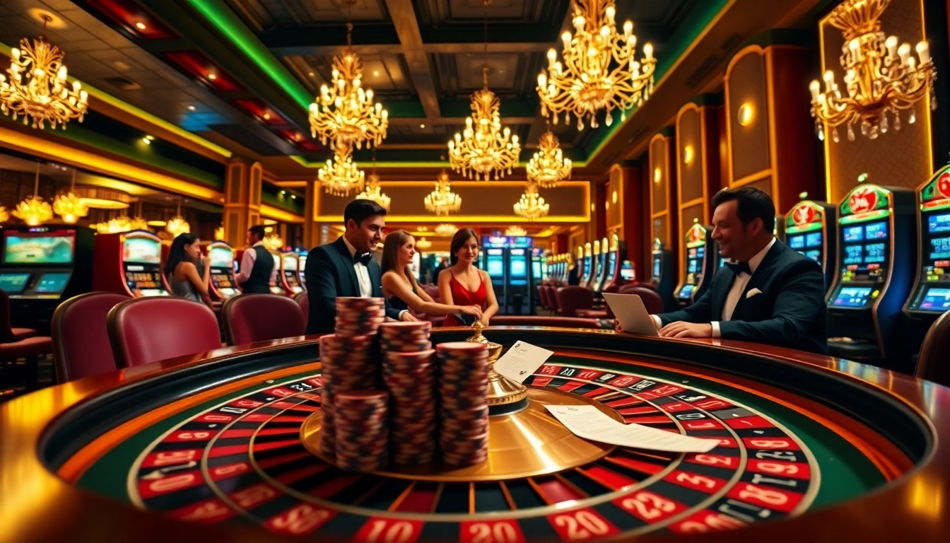 Players engaging in high-stakes roulette at a luxurious casino, highlighting Link vào fc88 with vibrant decor.