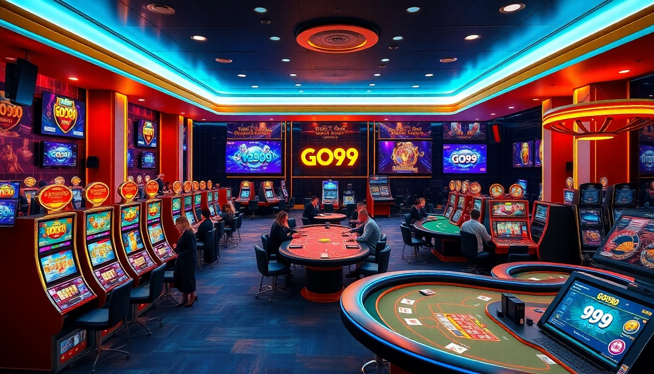 GO99 online casino scene with slot machines and poker tables, showcasing excitement and professionalism.