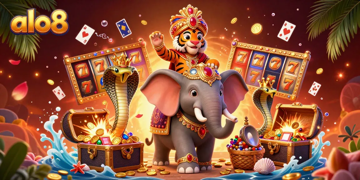 Engage with alo8's vibrant casino adventure featuring a maharaja, jewel-encrusted elephant, and treasures.