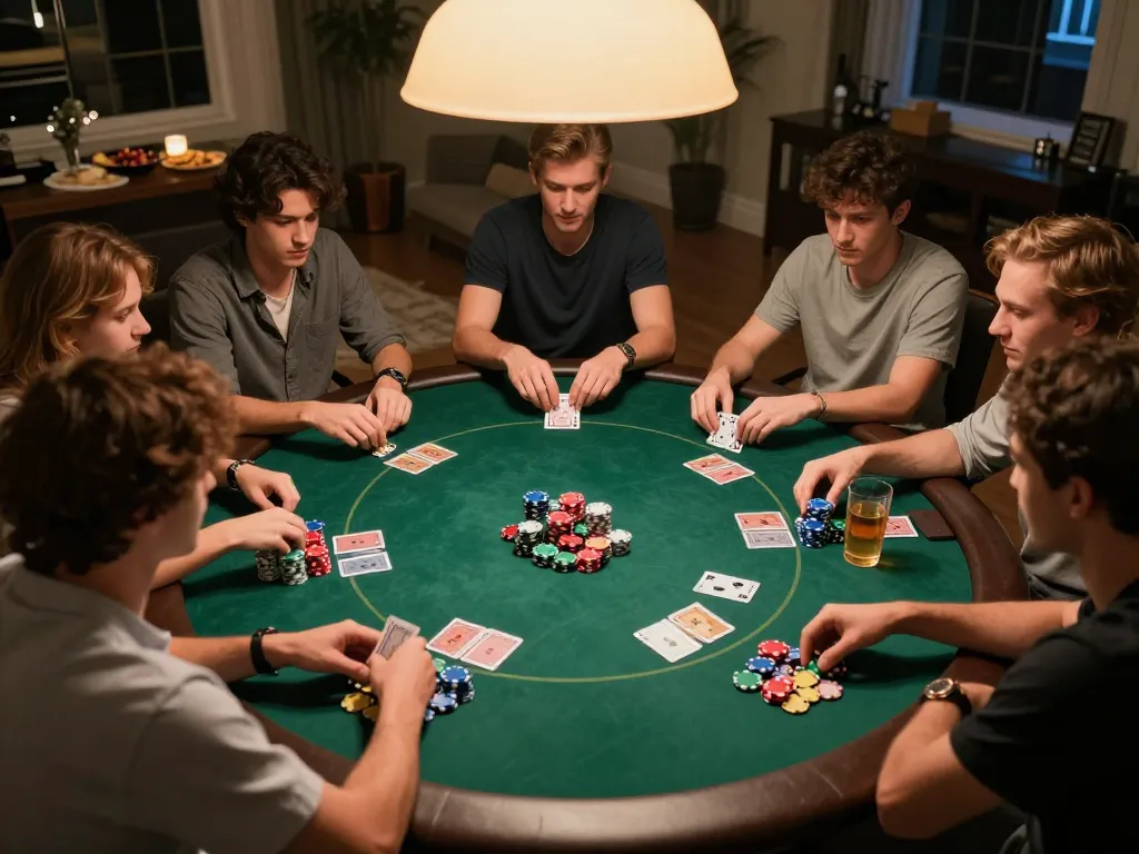 Players strategizing during an intense home poker night with chips and cards, highlighting yo88 strategies for success.