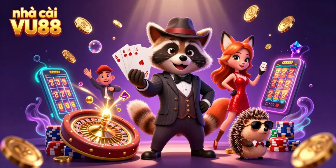 Engage with nhà cái VU88 through a vibrant scene showcasing casino elements and characters in action.